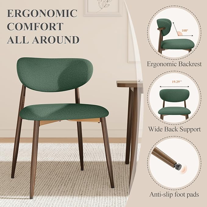 MALOL Dining Chairs Set of 2, Upholstered Dining Room Chairs with Metal Legs and Anti Slip Pads, Curved Back Kitchen Chair for Home and Restaurant Use, Green