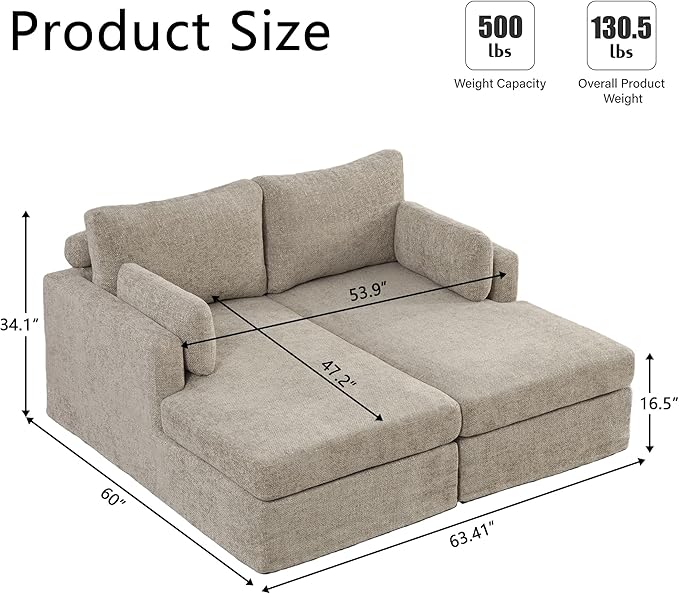 Arouseden 63"Oversized Chaise Lounge Taupe,Comfy Sectional Couches For Living room with Armrests and Throw Pillows,Wide Chaise Lounge Chair Indoor,Chenille Lounge Chair with Headrest for Neck Support