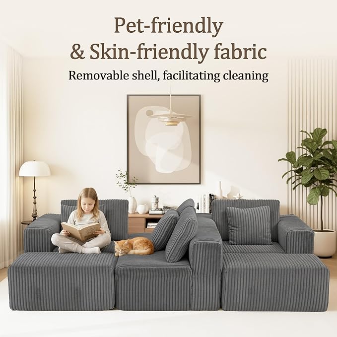 132" U Shaped Modular Sofa, 4-Seater Sectional Cloud Couch with Chaise, Soft Corduroy Boneless for Living Room, No Assembly Required, Free Configuration,Grey