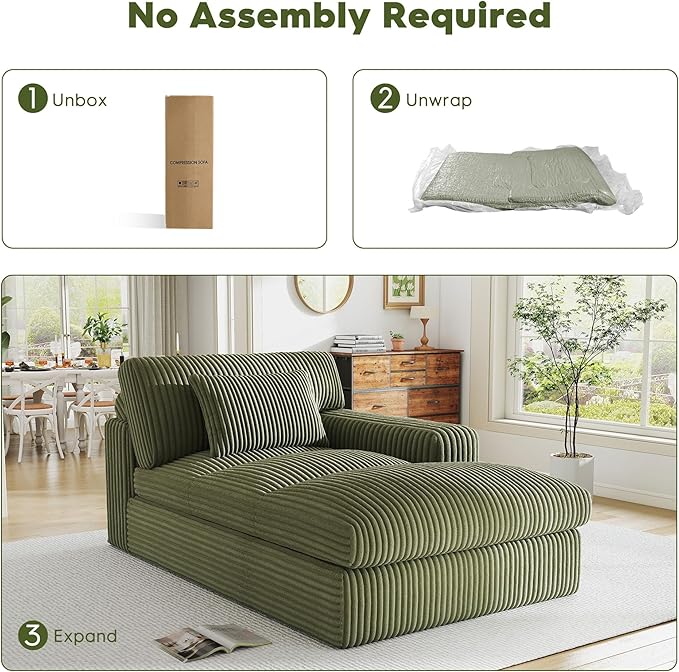 Oversized Chaise Lounge Sofa Chair Indoor，Soft Corduroy Fabric, Boneless sofawith Cushion，A Comfortable, deep-Seated Cloud Sofa for use in The Living Room.(Singler-Right-arm-Green)