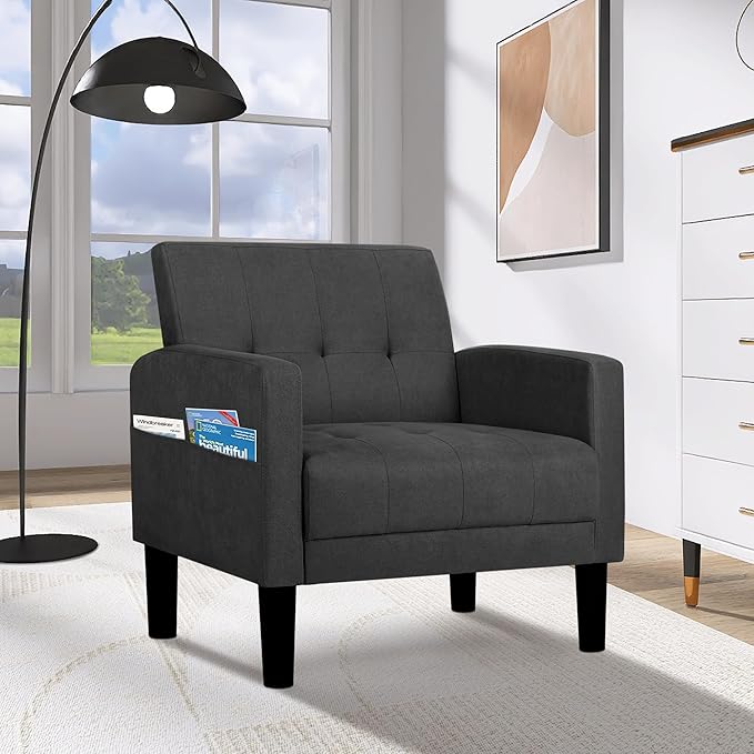 TYBOATLE Accent Chair, Living Room Chairs, Cozy Tufted Mid Century Modern Accent Chairs with Arms for Bedroom, Comfy Reading Arm Chair,Small Chairs for Small Spaces,Living Room,Office (1, Dark Grey)