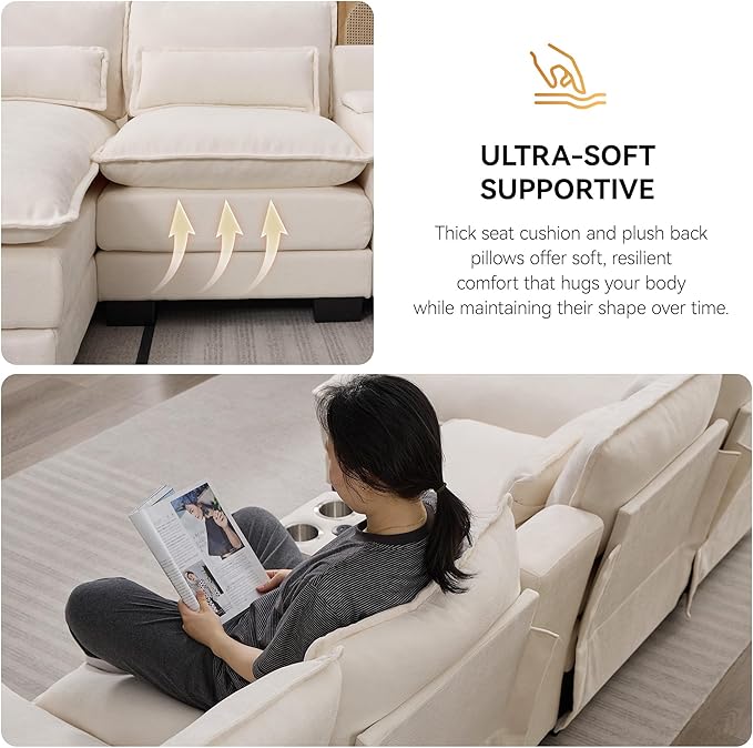 125'' U Shaped Cloud Modular Sectional Sofa with Chaise Lounges, Chenille Upholstered Comfy Couch with Storage Console, USB Charging Ports & Cup Holders, Small Deep Seat Sofa for Living Room, Beige