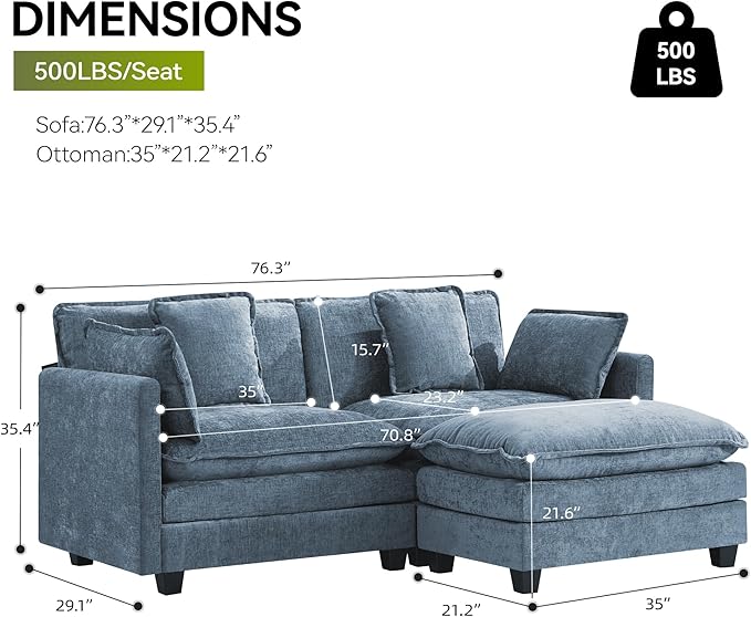 UMBFUN Cloud Couch Loveseat with Ottoman, Oversized Comfy Modular Sectional L Shaped Sofa with Deep Seat Cushions, Chenille 2-Seater Lounge Set for Living Room, Blue