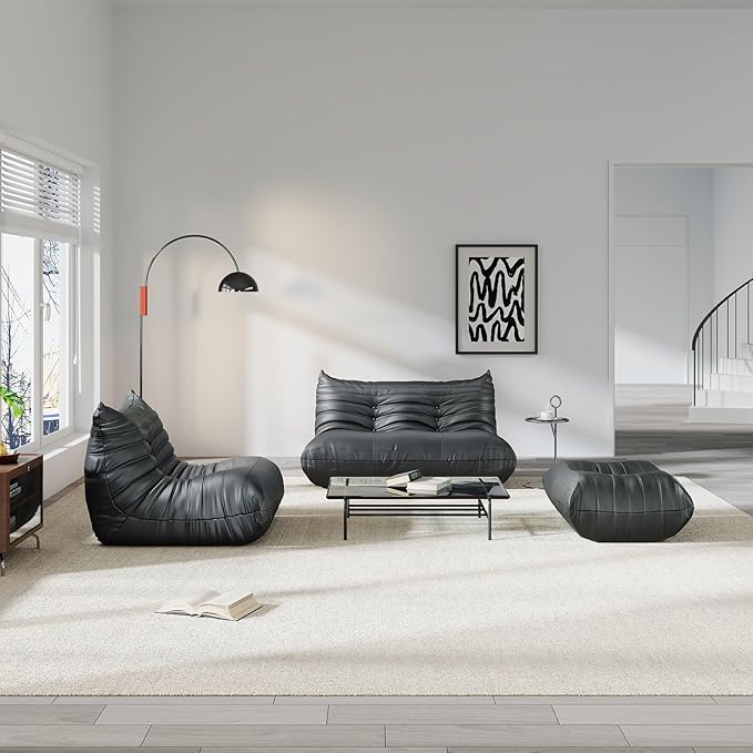 Comfy Lazy Floor Sofa Couch,Soft Armless Chair,Faux Leather Lounge Chair,Corner Relax Sofa Couch for Living Room Bedroom,Salon Office,Adults((Black+2P+1P+ Ottoman)