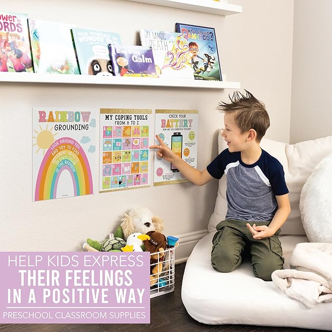 Hadley Designs 9 Calming Corner Posters For Classroom Must Haves For Teachers -11x14 Calm Down Corner Supplies, Feelings Chart For Kids Ages 4-8, Feelings Wheel Poster, Varsity Letter Classroom Decor