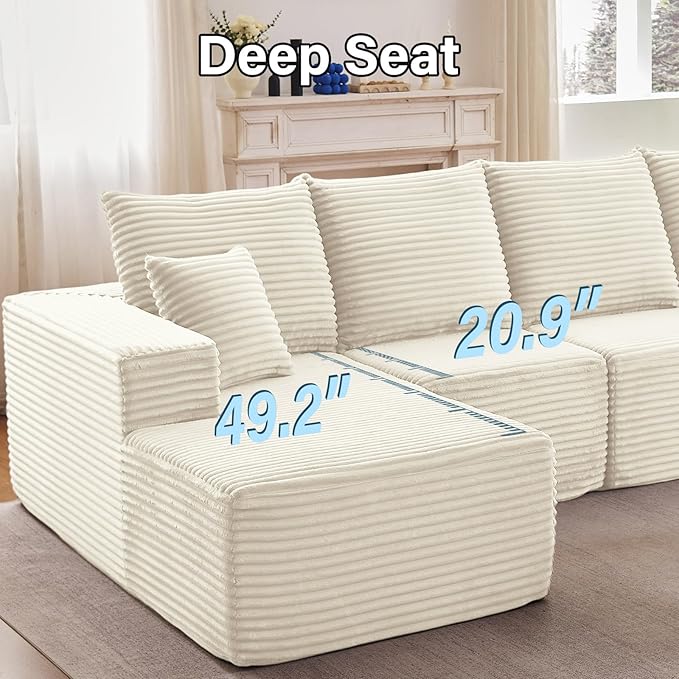 135.4" W Cloud Sectional Couch with Ottoman,Modern U-Shaped Cloud Couch with Deep Seat,Comfy Corduroy 4-Seater Sofa,Memory Foam Sofa for Living Room,No Assembly (White,Right-Facing Chaise)