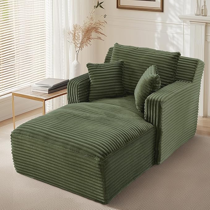 VEPXXP 65.4" Chaise Lounge Chair Indoor, Oversized Boneless Couch Comfy Upholstered Sleeper Sofa Bed with 3 Pillows, Corduroy Cloud Reading Chair for Living Room No Assembly Required, Green