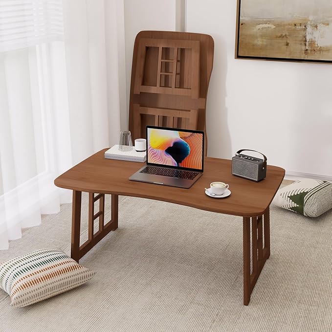 Japanese Bamboo Folding Floor Table for Sitting on Floor, Tatami Table Foldable, No Assembly, Low Tables for Small Spaces Living Room/Portable Zen Chabudai for Meditation - Walnut