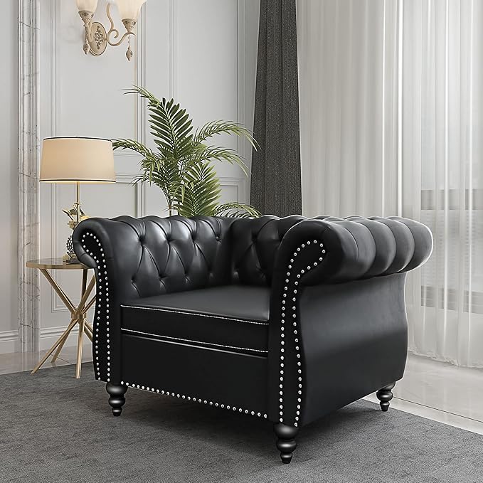 QHITTY Accent Chair, Chesterfield Chair Modern Leather Upholstered Chair with Tufted Back for Living Room Furniture (Black)