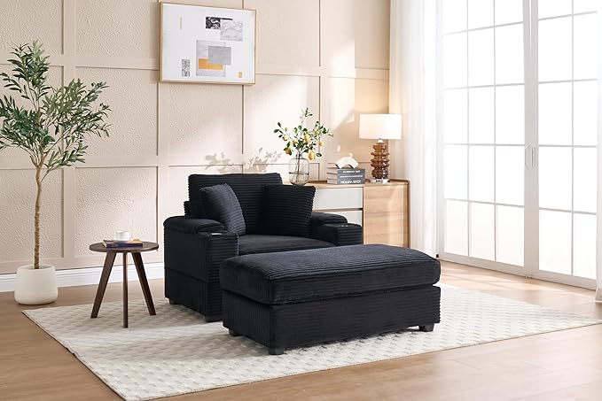 Wide Stripe Corduroy Chaise Lounge Sofa with Storage Handrail, Movable Ottoman, and Deep Seat, 5 Colors, Ideal for Living Room or Office Use
