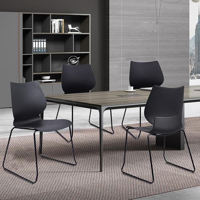 Stackable Waiting Room Chair, Stacking Office Chair with Ergonomic Lumbar Support and Metal Legs, Plastic Desk Chairs for Conference School Church Guest Reception Set of 4, Black