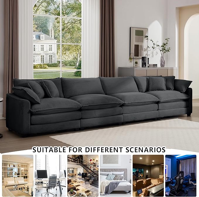 Aoowow Corduroy 4 Seater Sofa Couch,Modern Large Cloud Couches for Living Room,Tufted Modular Sectional Cloud Sofas with Deep Seat,Oversized 4 Seat Sofa Set (Grey, 4 Seater)