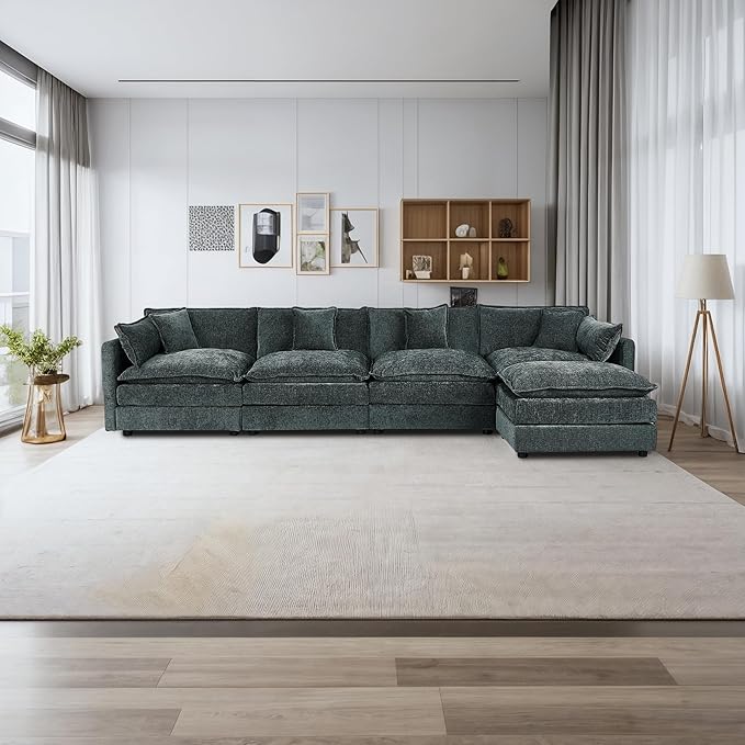 Aoowow Modular Sectional Sofa Modern Convertible L Shaped Couch,147.2 Inch Deep 4-Seater Sofas Set Comfy Chenille Cloud Sofas and Couches with Movable Ottoman for Living Room Apartment（Grey）