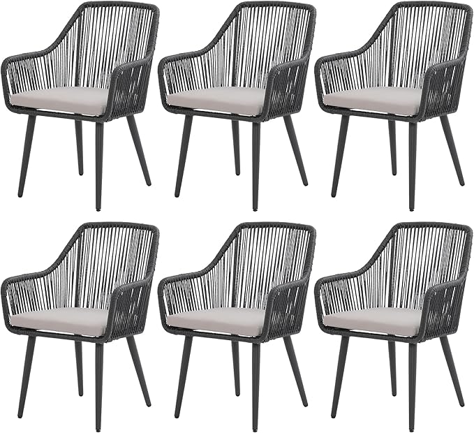 Patiorama Outdoor Dining Chairs, Patio Dining Chair Set of 6, All-Weather Woven Rope Rattan Chairs, Outdoor Dining Wicker Chairs with Armrests for Indoor Balcony Pool Backyard(Black)
