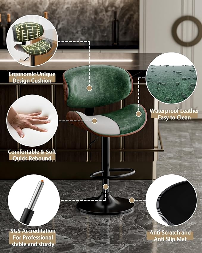 Aowos Bar Stools, Adjustable Swivel Leather Bar Stools for Kitchen Island, Mid Century Modern Counter Height Bar Chairs Barstools with Back & Footrest (Green 1PCS)