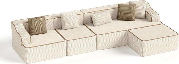 PHI VILLA Cloud Modular Couch Sets, 134" L-Shaped Sectional Sofa with Movable Ottoman, 5-Seater Couches with Deep Seat for Living Room, No Assembly Required, Corduroy, Beige