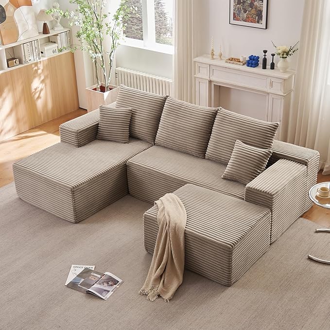 Lakifun 107" L-Shape Sofa with Ottoman, Modern Modular Sectional Comfy U-Shape Cloud Couch, Deep Seat, Upholstered Corduroy Sleeper Chaise Longue for Living Room Bedroom, No Assembly Required, Camel