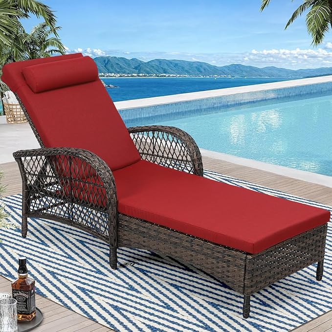 WINGTU Outdoor Chaise Lounge Chair, PE Wicker Long Recliner Patio Lounge Chair with Cushion, 6-Position Patio Reclining Sun Lounger with Adjustable Backrest for Poolside, Armrest & Pillow, Red