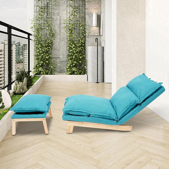 Single Lazy Leisure Chair, Adjustable Recliner Balcony Reclining Japanese Tatami Chair with Ottoman, Floor Seating Lounge Chair with Backrest and Footrest, Upholstered Chair for Living Bedroom (Blue)