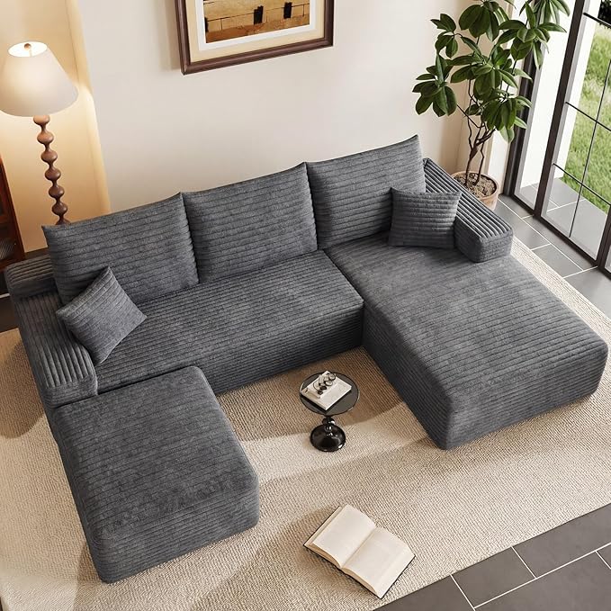 95" U-Shape Cloud Couch, Modern Modular Sectional L-Shape Sofa with Ottoman, Corduroy Upholstered Couches Deep Seat Sleeper Chaise Longue for Living Room, No Assembly Required(Dark Gray, Right Facing)