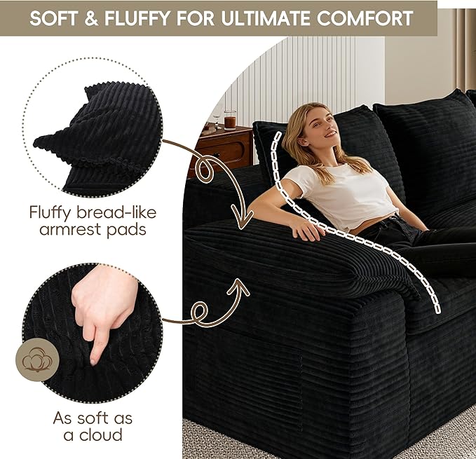 Buytime 76” Comfy Cloud Loveseat Sofa, Convertible Boneless Loveseats for Living Room, Wide 2-Seat Modern Modular Sectional Sofa with Deep Seat, Double-Layer Cloud Cushion and Headrest, Black