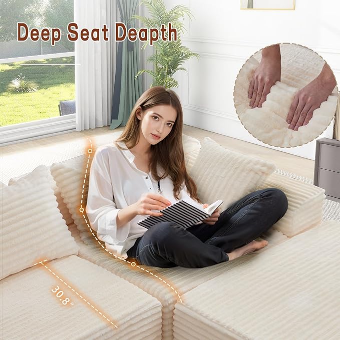 Korser 110" Sectional Couches for Living Room, Modular Sectional Sofa with L-Shape Chaise, Cloud Couch, Comfy Corduroy Fluffy Couch with Deep Seat and Side Pockets