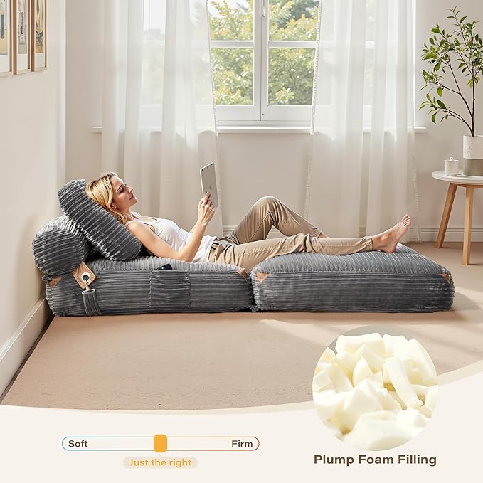 75'' Foldable Sofa Bed,Convertible Folding Sleeper Chair Bed,Grey Foldable Single Sofa Foam Filling Couch with Pillow, Comfy Corduroy Lazy Floor Sofa for Small Room Bedroom Apartment