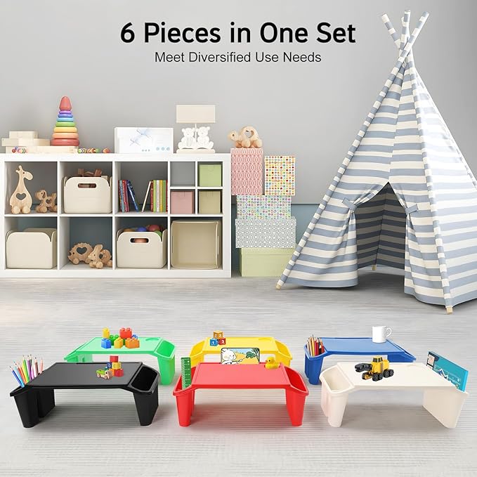 6 Pcs Kids Lap Desk Tray, Plastic Breakfast Laptop Trays with Side Slots Portable Stackable Lap Desk Tray for Writing Eating Game Classroom (Red/Green/Yellow/Blue/Black/White)