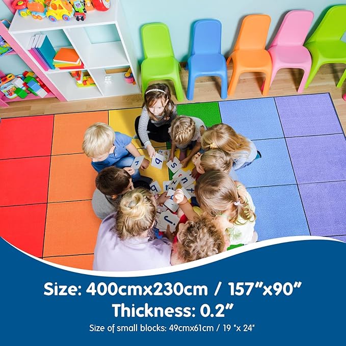 Booooom Jackson Rainbow Colorful Seating Classroom Rug for Kids Room Seating Décor, 7'54''x13'12'' Large Preschool Carpet Seating Rug for Teaching and Playroom, Non-Slip Rubber Backing