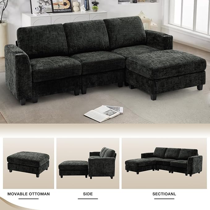 Lesofair 87" Convertible L-Shape Couch with Flexible Ottoman, Soft Sectional Sofa with 2 Built-in Cup Holders, Chenille 3 Seats Sofa with Well-Filled Back Cushions for Living Room, House, Black