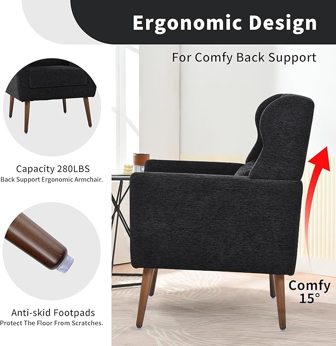 CHSICFOR Modern Accent Chair, Upholstered Arm Chair with Waist Pillow, Single Sofa Chair for Living Room Bedroom Small Spaces (Black)