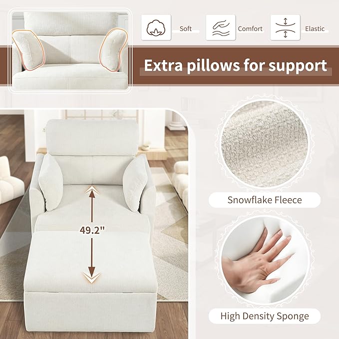 Snowflake Fleece Oversized Accent Chair with Storage Ottoman - 26.57" Wide Deep Seat Reading Chair, Convertible Daybed, 400lbs Capacity for Living Room & Apartment (Beige)