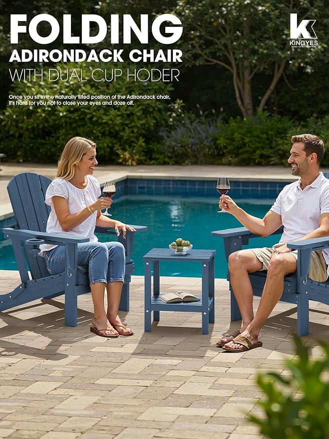 KINGYES Folding Adirondack Chair with Dual Cup Holders - HDPE All-Weather Outdoor Chairs, Wood-Like Patio Chair for Backyard, Camping, Pool & Fire Pit, Blue