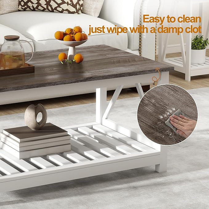 UYIHOME Farmhouse Coffee Table, White Oak Coffee Table for Living Room, 2-Tier Rectangular Wooden Centre Cocktail Table with Slats Shelf Storage and V-Shaped Frame Modern Coffee Oak Grey