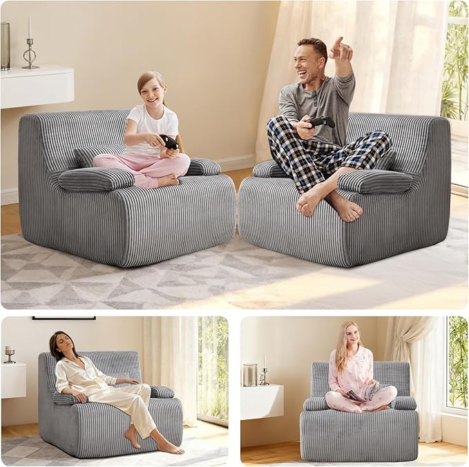 38" Bean Bag Single Chair for Living Room Bedroom, Corduroy Boneless Chair with Armrest and Pillow, Memory Foam Beanbag Couch, Lazy Floor Sofa for Reading Gaming Living Room Bedroom (1, Gray)