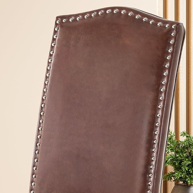 SNUGWAY Upholstered Dining Chair Stylish Parsons Kitchen High Back with Silver Nailhead Trim & Wood Legs, 4-Pack, PU Light Brown