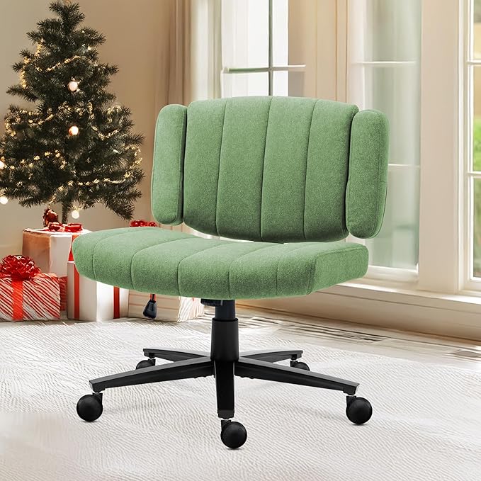Vigosit Green Criss Cross Office Chair with Wheels, Ergonomic Wide Seat Vanity & Dressing Table Chair, Adjustable Arms Swivel Rolling Desk Chair for Women, Comfortable Cross-Legged Support