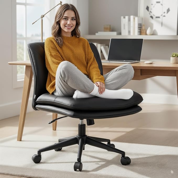 NYPOT Armless Desk Chair with Wheels for Criss Cross Sitting - Cross Legged Wide Armless Chair - Adjustable Vanity 360° Swivel Stool and 120° Rocking Wide Seat Comfy for Home and Office, Color Black