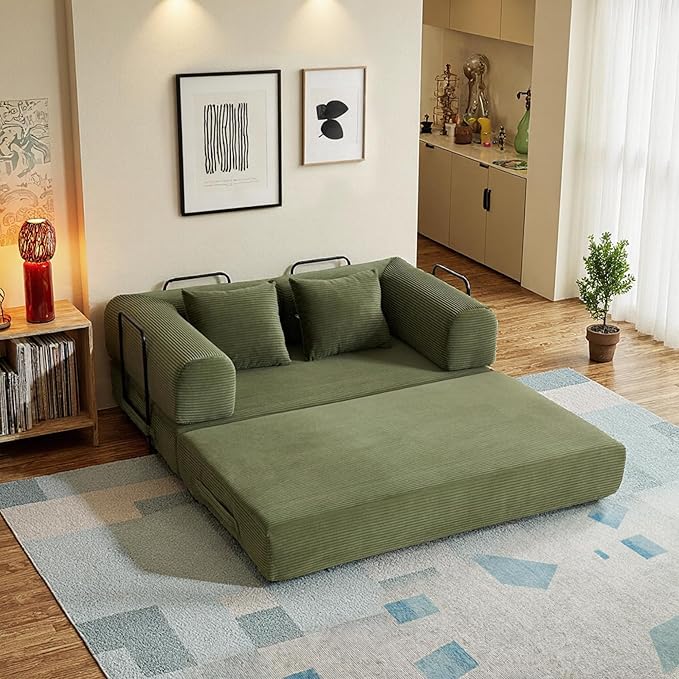 59 Inch 5-in-1 Convertible Sofa Bed, Corduroy Boneless Floor Couch with Fixed Frame & Pillow, Modular Folding Mattress Lounger for Small Space, Living Room, Bedroom - Easy Assembly(LIGHT GREEN)