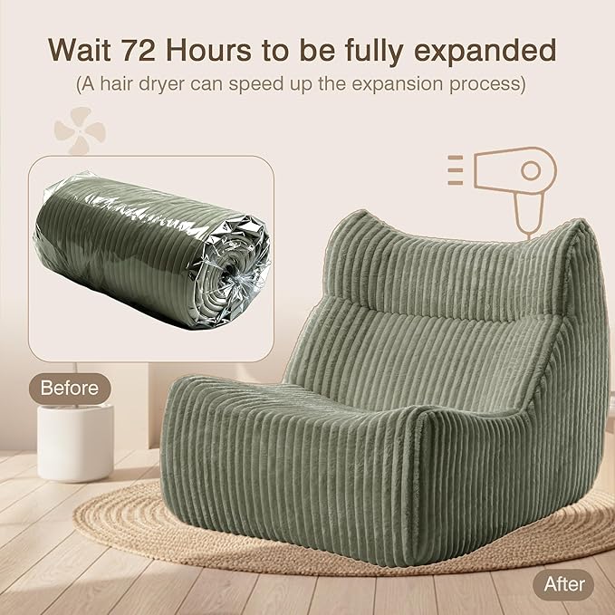 Big Bean Bag Chairs, Lazy Floor Sofa, Fireside Chair for Living Room, Bedroom, Office (Green, Single Seat)