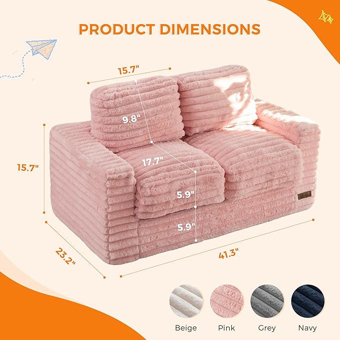 MAXYOYO Extra Wide Kids Bean Bag Chair, Comfy Faux Fur Bean Bag Sofa with Filler, Upholstered Floor Sofa with Pillows and Armrests, Lazy Floor Chair Couch for Boys and Girls, Pink