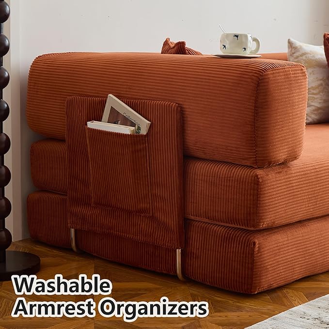 LIAROO 98.4" Convertible Sofa Bed - Compression Sofa with Corduroy Fabric - with Armrests and Backrest - Modular Sectional for Living Room, Bedroom, Studio - Compression Sofa in Box (Orange)