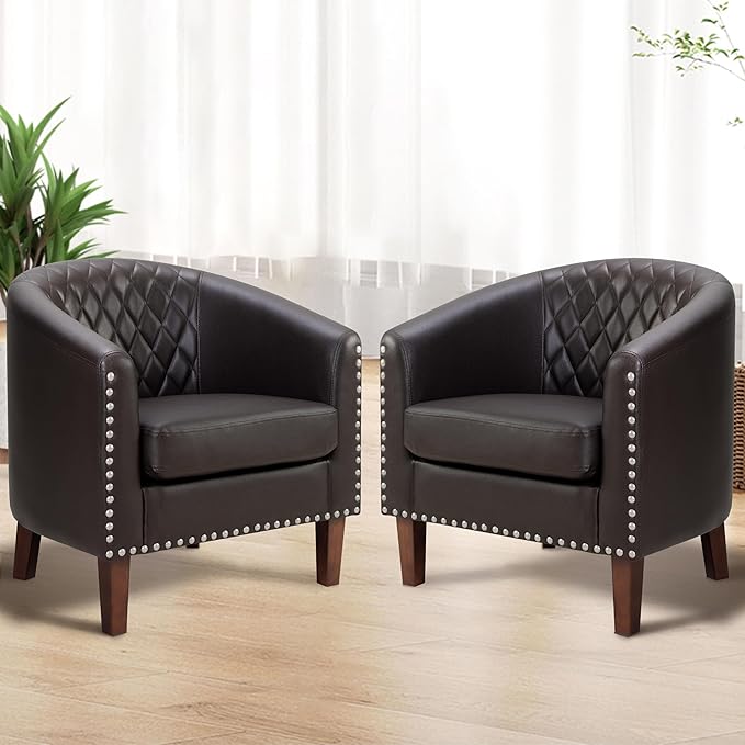 PrimeZone Barrel Chair Set of 2, Comfy Accent Chair, Faux Leather Living Room Chairs Club Chair with Cushion, Nailhead Trim and Diamond Grid Backrest, Reading Chair for Bedroom Waiting Room, Brown