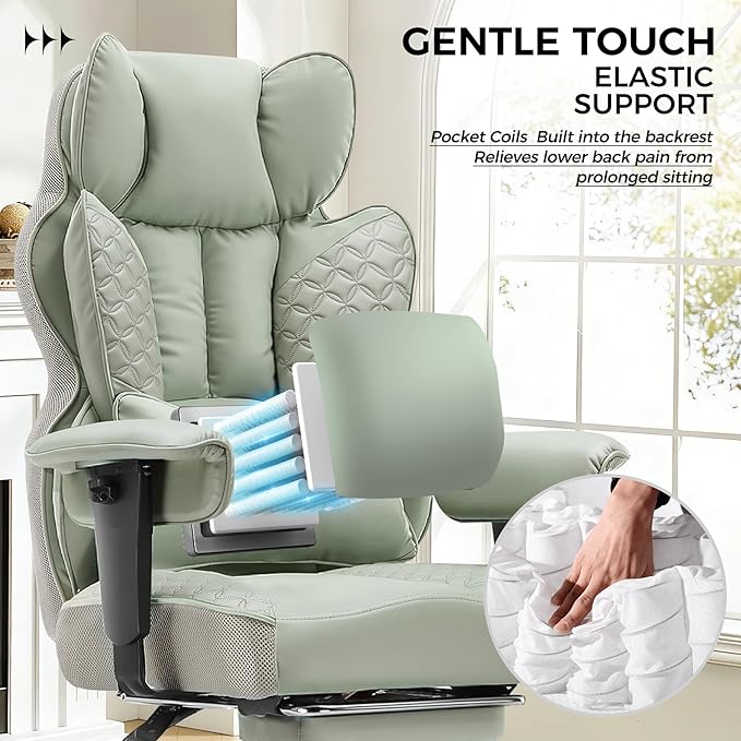 COMHOMA Big and Tall Office Chair 400LBS Wide Ergonomic Gaming Chair with Deluxe Embossing Designed Leather with Foot Rest,150°Reclining Adjustable Armrests Pocket Spring Back Support and Pillow