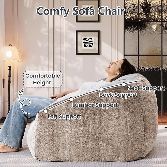Bean Bag Chairs for Adults, Giant Beanbag Sofa Comfy Reading Chair, Oversized Bean Bag Chairs for Living Room Bedroom, Soft Faux Fur Fabric, 3.2FT, Khaki, Plush