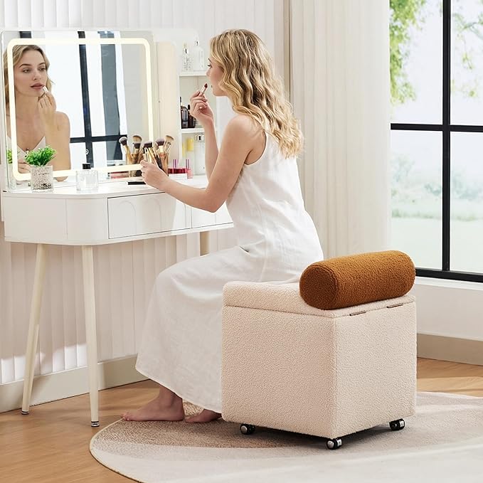 Boucle Vanity Chair with Storage, Swivel Vanity Stool with Safety Hinge, Upholstered Makeup Chair with Wheels, Square Ottoman Stool for Living Room, Dressing, Bedroom, Beige