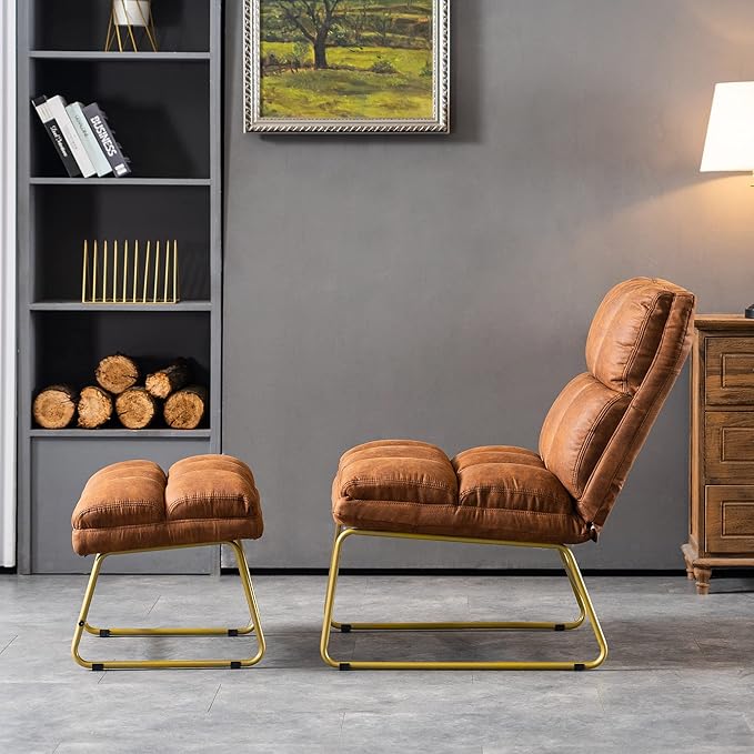 MCombo Accent Chair with Ottoman Set, Modern Armless Chair for Living Room, Bedroom, Small Space 4013 (Heat-Stamped Fabric, Saddle)