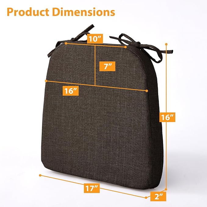 Ruqmuis Chair Cushions for Dining Chairs, 2" Thick Seat Cushions for Kitchen Chairs, D-Shaped Chair Pads with Washable Cover, Ties and Non Slip Backing, 17'' x 16'', Set of 2, Brown