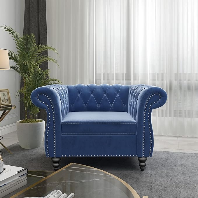 QHITTY Accent Chair, Chesterfield Modern Velvet Upholstered Chair with Tufted Back for Living Room Furniture (Blue)