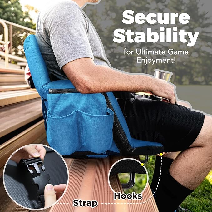Wide Stadium Seats With Back Support 2 Pack, Exclusive "Sofa Style" Design Extra Thick Bleacher Chairs With Back and Cushion, 6 Reclining Positions - Ultimate Comfort for Sports Events (Blue, 22.5")